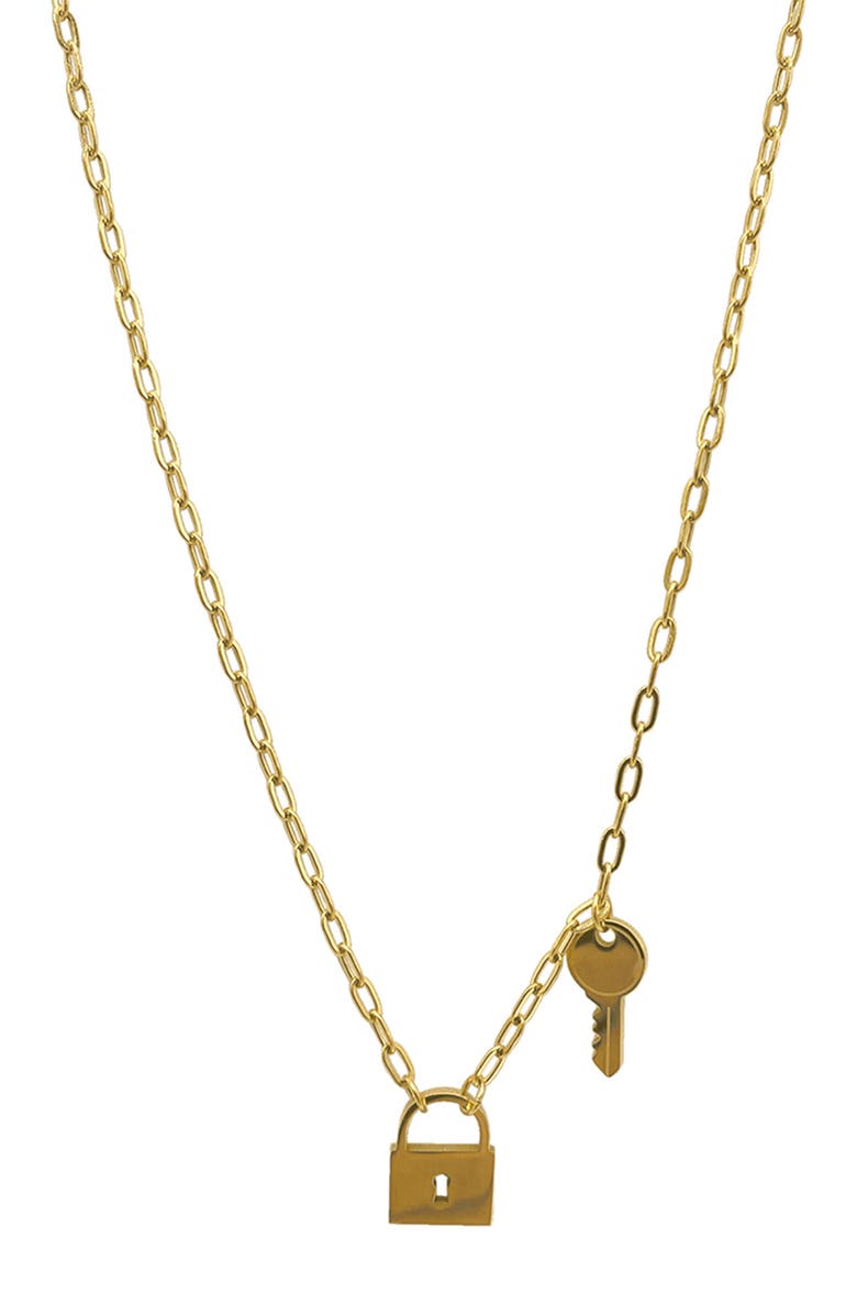 Adornia Water Resistant Lock & Key Pendant Necklace, Main, color, Yellow