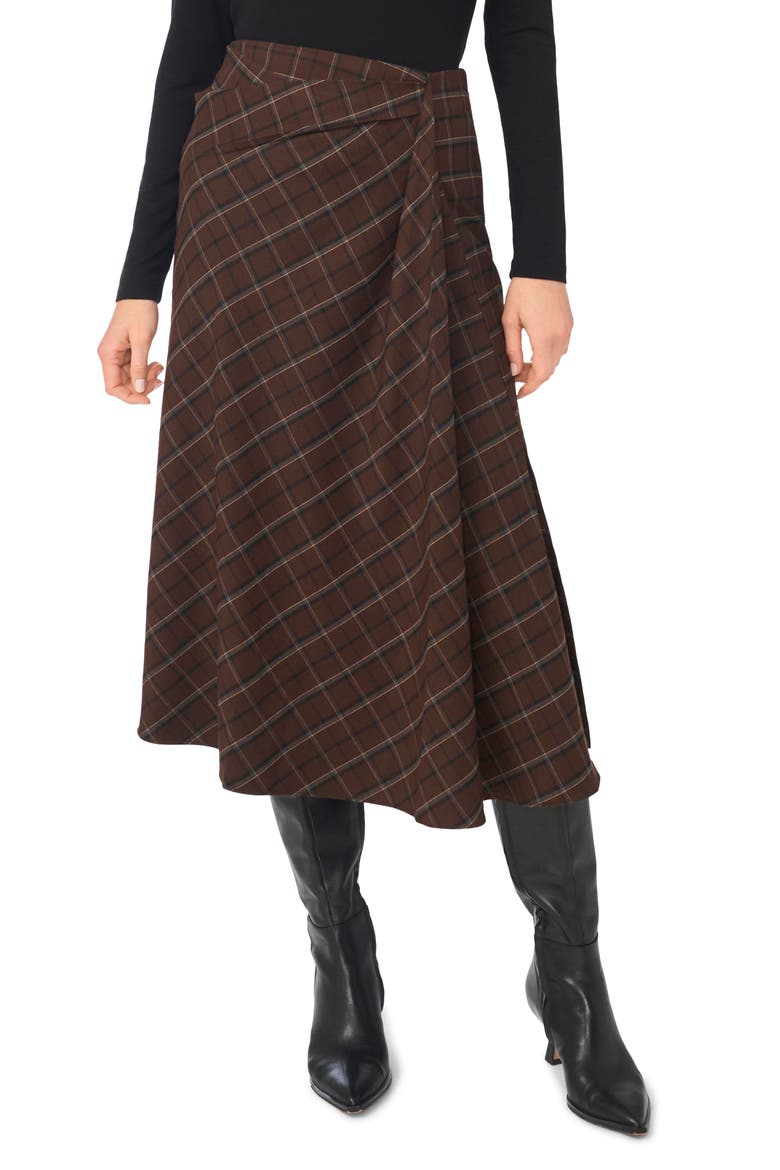 Plaid Asymmetrical Midi Skirt, Main, color, BROWN MULTI