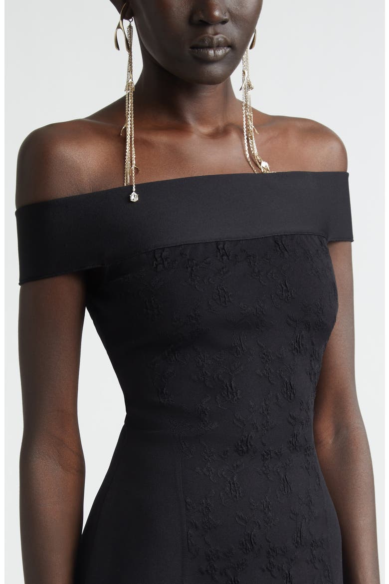 Satin & Jacquard Off the Shoulder Pencil Dress, Alternate, color, BLACK
