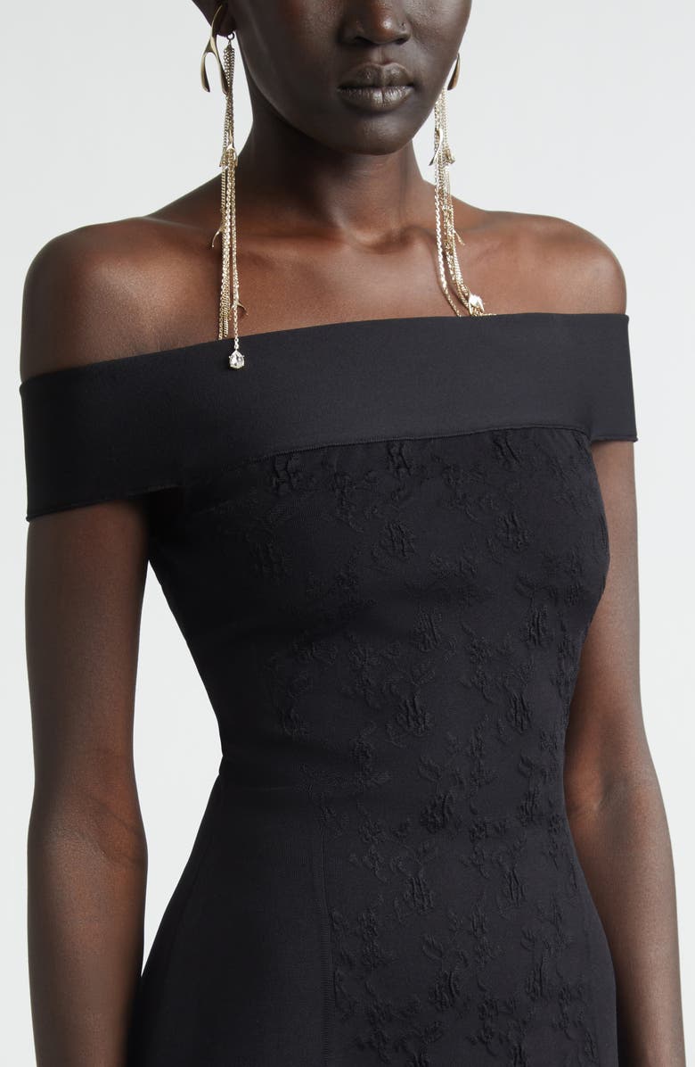 McQueen Satin & Jacquard Off the Shoulder Pencil Dress, Alternate, color, Black