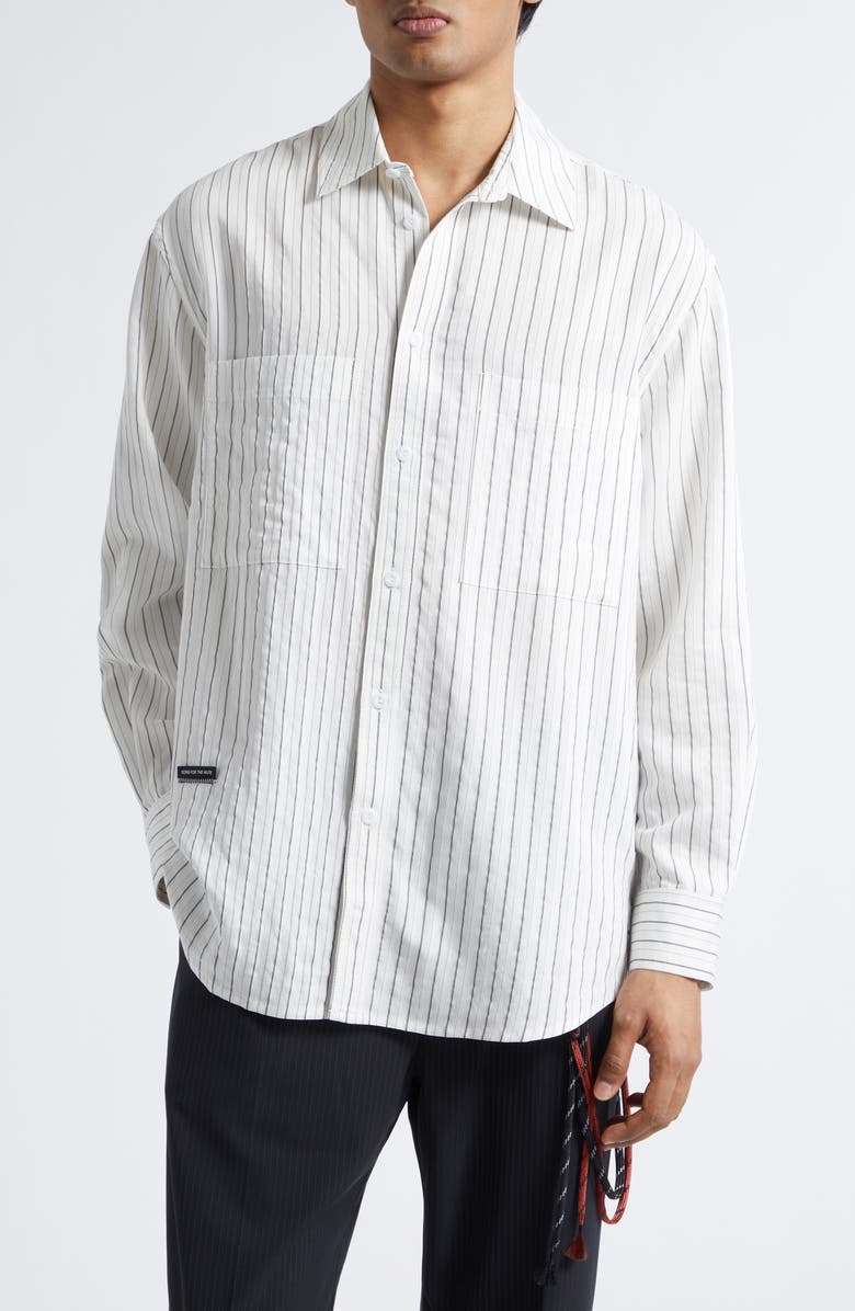 SONG FOR THE MUTE Pleated Boxy Stripe Dobby Button-Up Shirt, Main, color, White