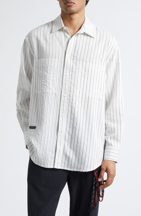 Pleated Boxy Stripe Dobby Button-Up Shirt