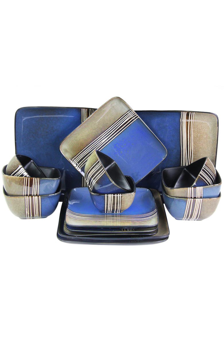 Elama Uptown Loft 16 Piece Double Bowl Stoneware Dinnerware Set with Service for 4, Alternate, color, Blue