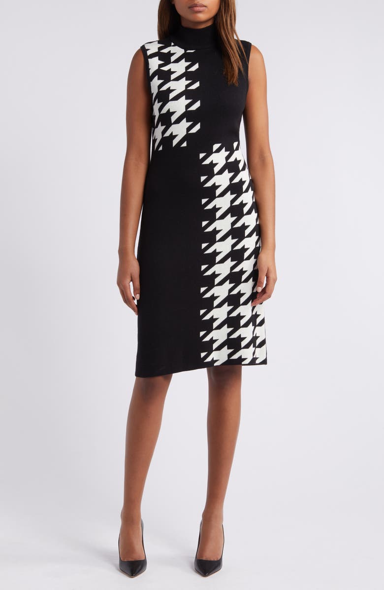 Anne Klein Houndstooth Mock Neck Cotton Blend Sweater Dress, Main, color, 