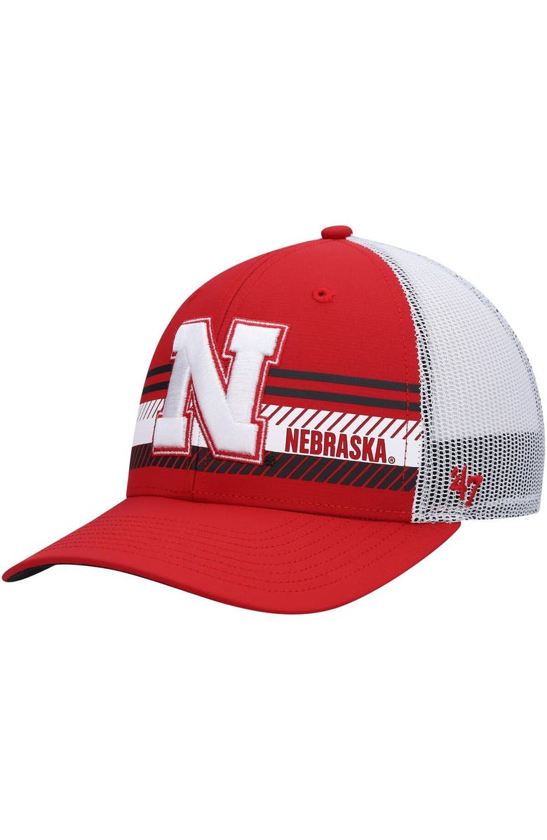 '47 Men's '47 Scarlet/White Nebraska Huskers Cumberland Trucker Snapback Hat, Main, color, 
