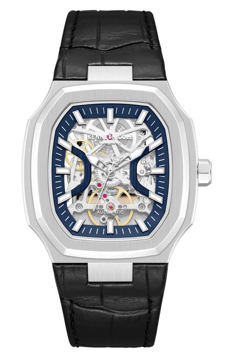 Automatic Leather Strap Watch, 40mm x 47.5mm