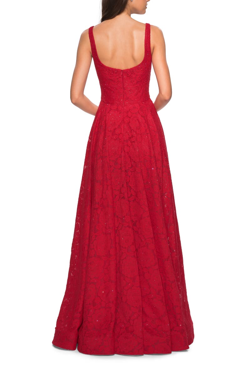 Long Lace Prom Dress with Attached Shorts, Alternate, color, Red