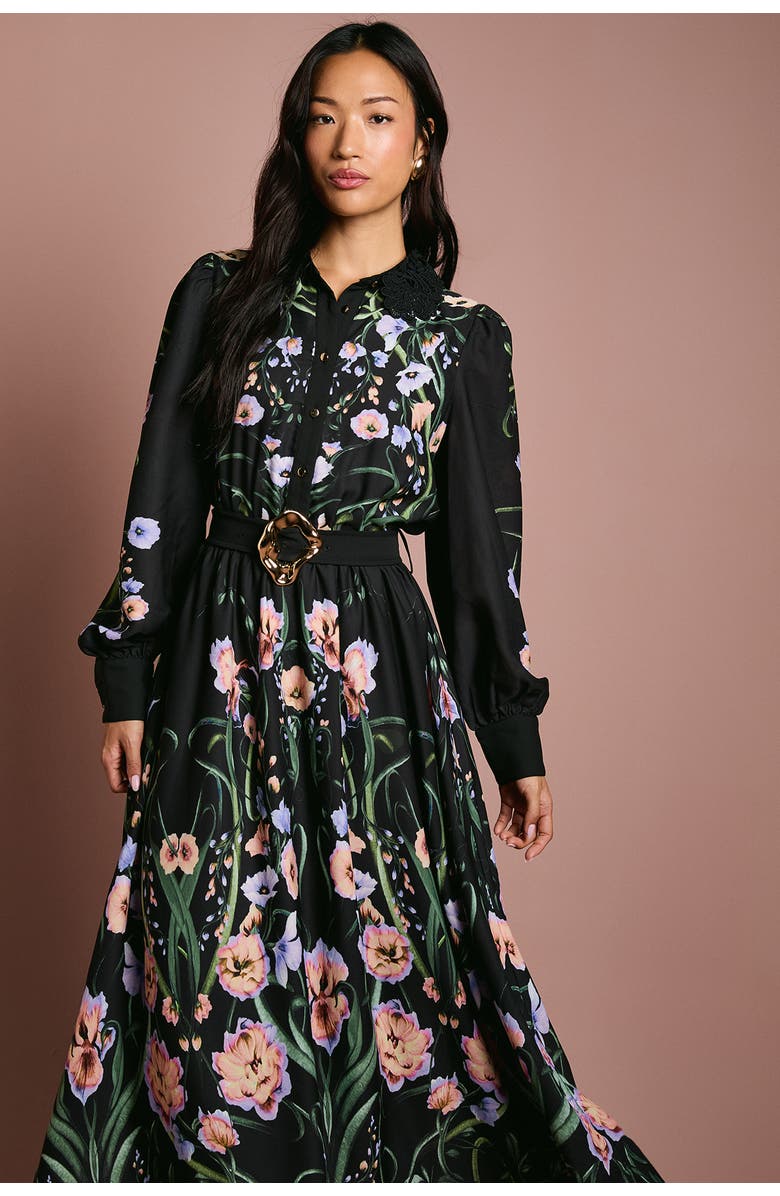 Coast Lace Trim Printed Shirt Dress, Alternate, color, Black