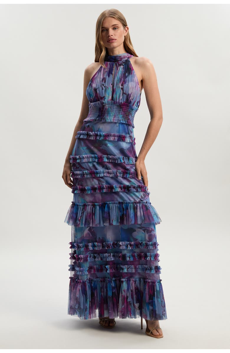 Karen Millen Tulle Layered Halter Neck Maxi Dress, Main, color, Floral