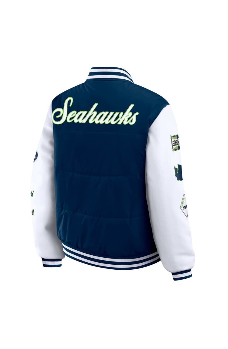 WEAR by Erin Andrews Women's WEAR by Erin Andrews College Navy Seattle Seahawks Varsity Full-Snap Puffer Jacket, Alternate, color, College Navy