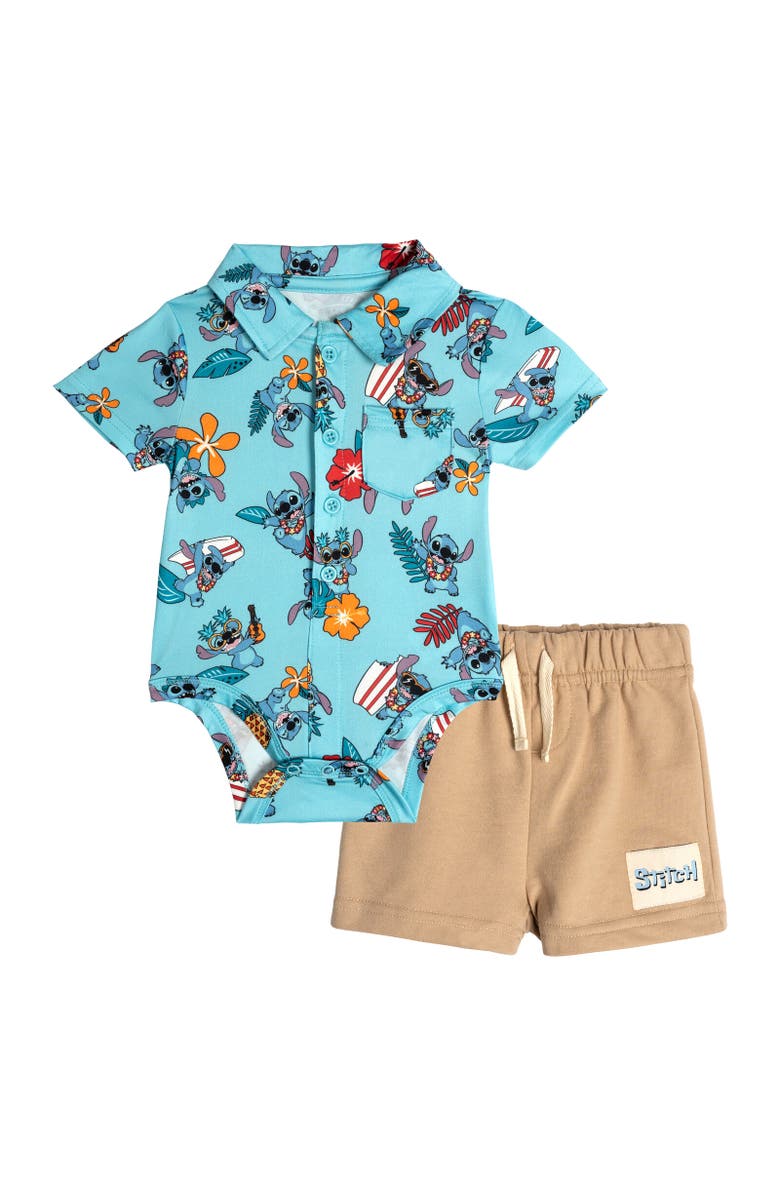 Disney Lilo & Stitch Baby Boys' 2-Piece Bodysuit and Shorts Set, Main, color, Blue Khaki Stitch