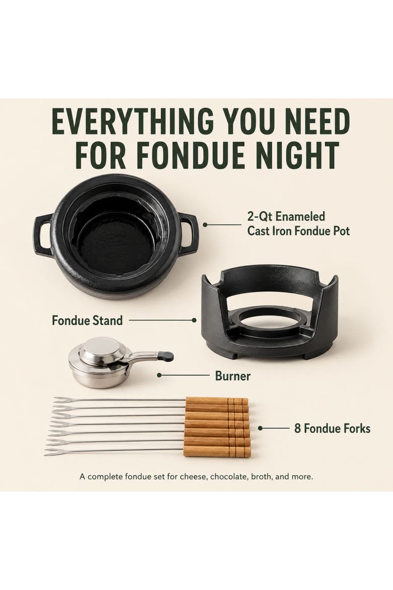 Nori Enameled Cast Iron Fondue Set, 8-Piece, 2-Qt., Alternate, color, Black