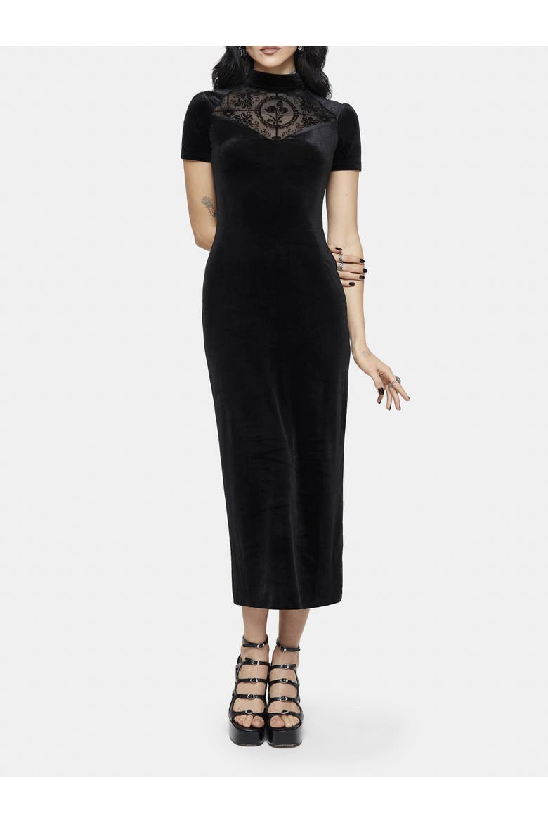 Cameo Flocked Mesh Insert Midi Dress, Main, color, Black