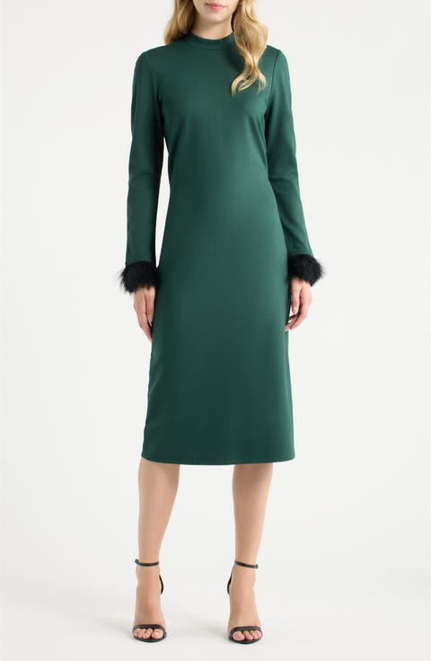 Feather Trim Long Sleeve Cocktail Sheath Dress