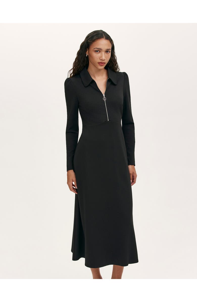 Finery London Elvira Ponte Jersey Zip Front Midi Dress, Main, color, Black