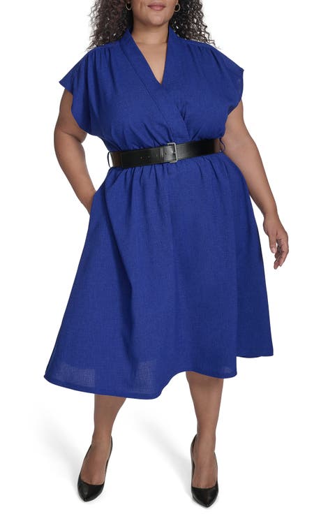 Crosshatch Cap Sleeve Belted Midi Dress (Plus)