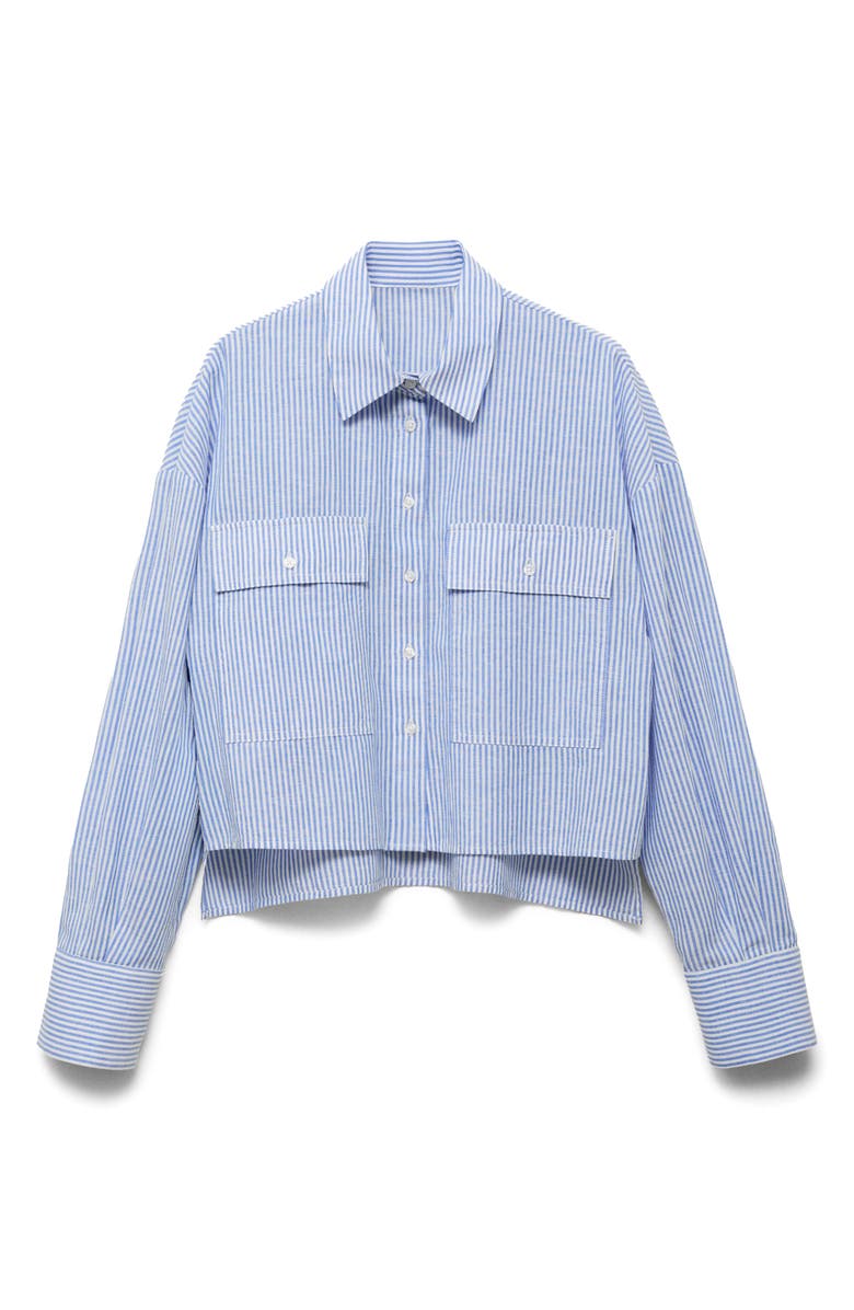 MANGO Stripe Pocket Crop High-Low Cotton & Linen Shirt, Alternate, color, Blue