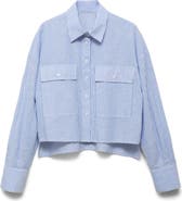 MANGO Stripe Pocket Crop High-Low Cotton & Linen Shirt