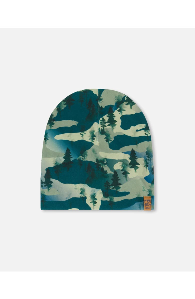 Deux par Deux Boy's Printed Beanie Hat Forest Green With Black Pines, Main, color,