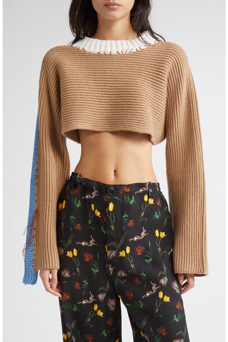 Patchwork Crewneck Crop Sweater, Main, color, DUNE