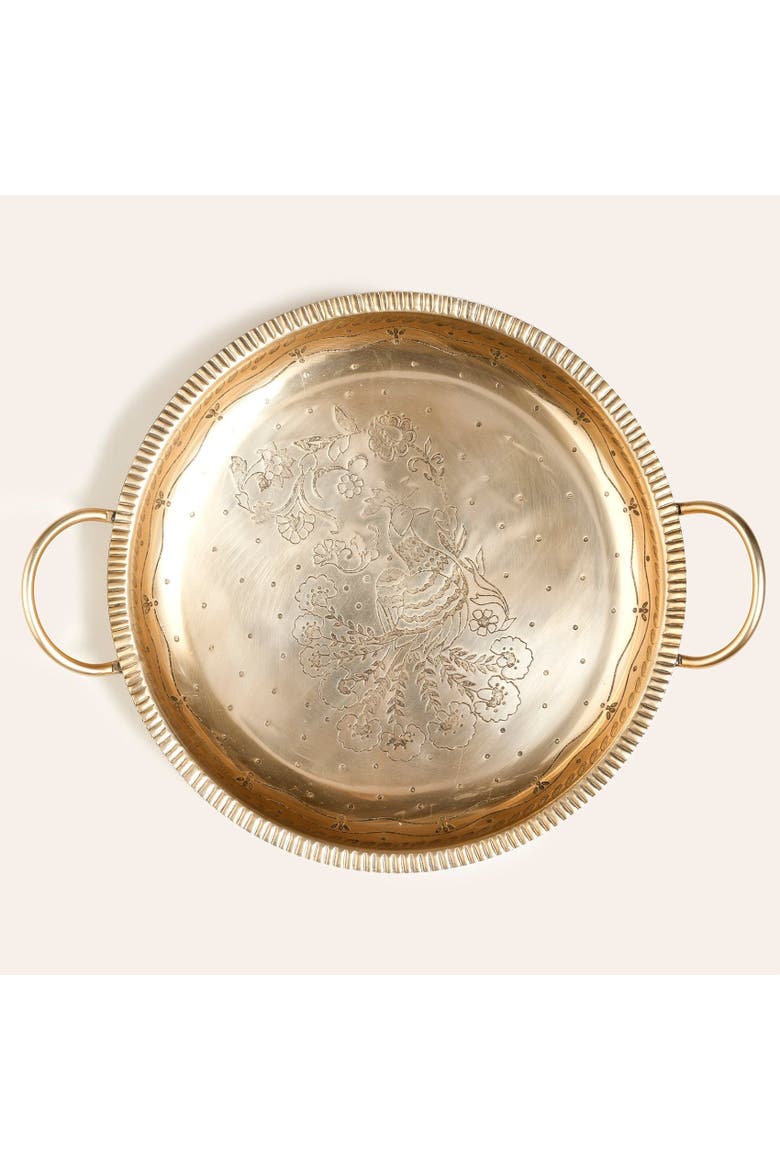 Nanpur Peacock Patterned Handle Round Metal Decorative Tray 17X14X3 In, Alternate, color, Gold
