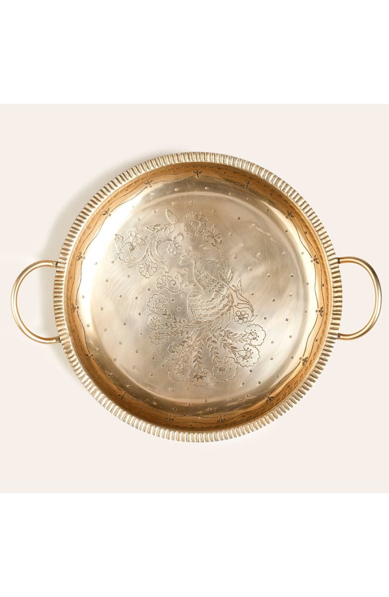 Zsa Zsa Zsu Nanpur Peacock Patterned Handle Round Metal Decorative Tray 17X14X3 In, Alternate, color, Gold