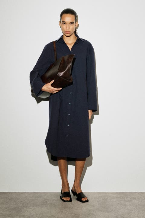 Curved-sleeve Cotton Midi Shirt Dress