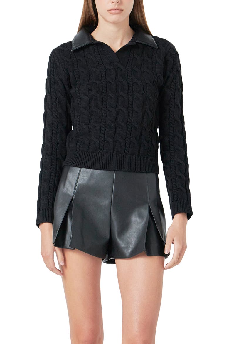 Faux Leather Collar Cable Sweater, Alternate, color, BLACK