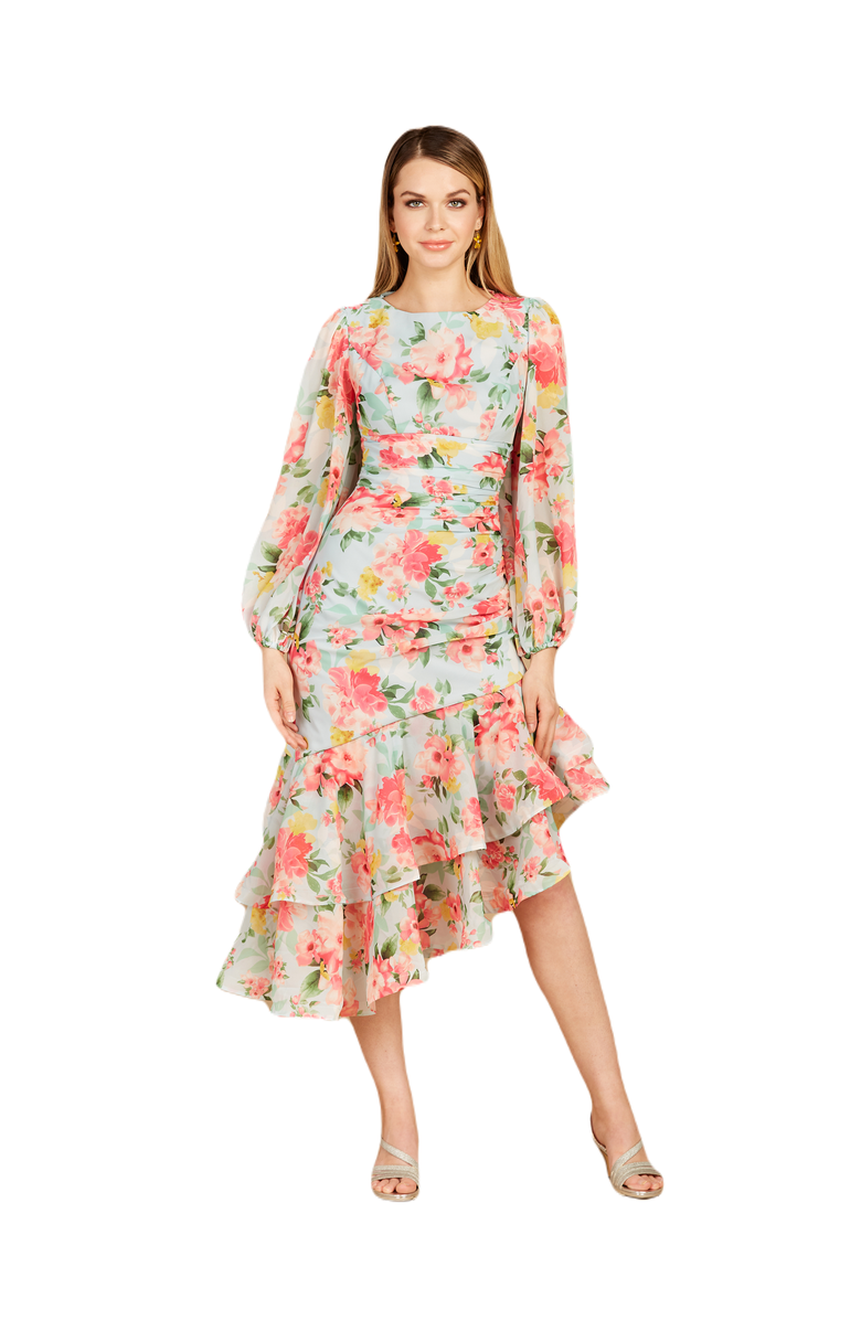LARA New York High Neck, Lace Up, Long Sleeve Printed Midi Dress, Main, color, Mint