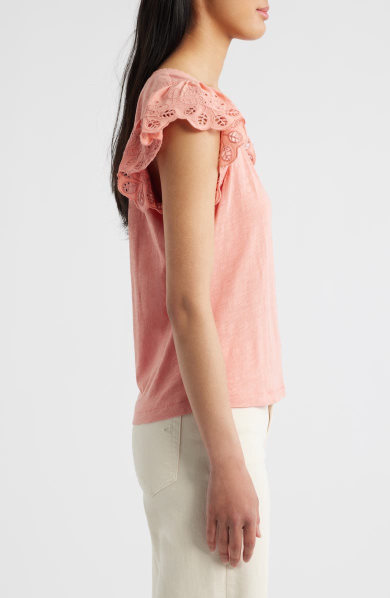 Wit & Wisdom Eyelet Flutter Sleeve Jersey T-Shirt, Alternate, color, Tg-Tangerine