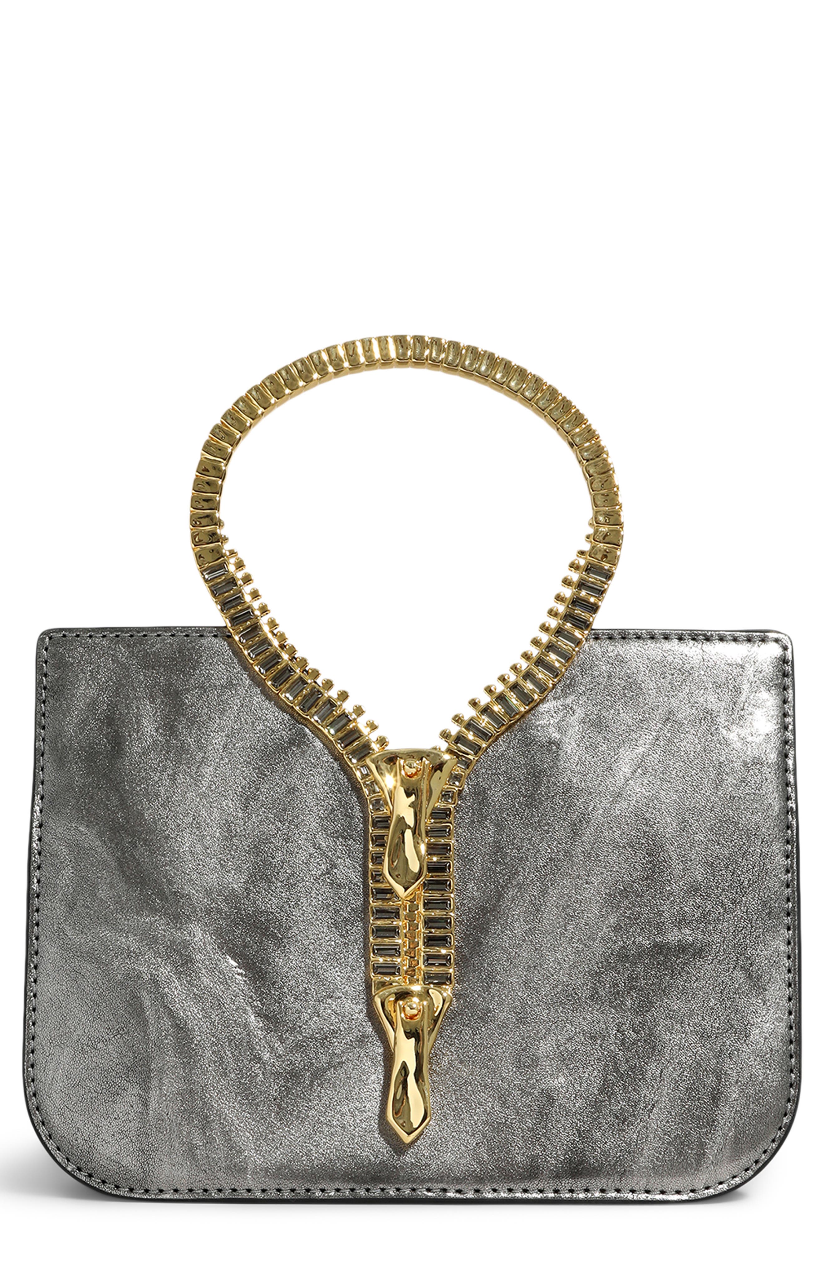 Zipper Leather Top Handle Clutch, Main, color, PEWTER