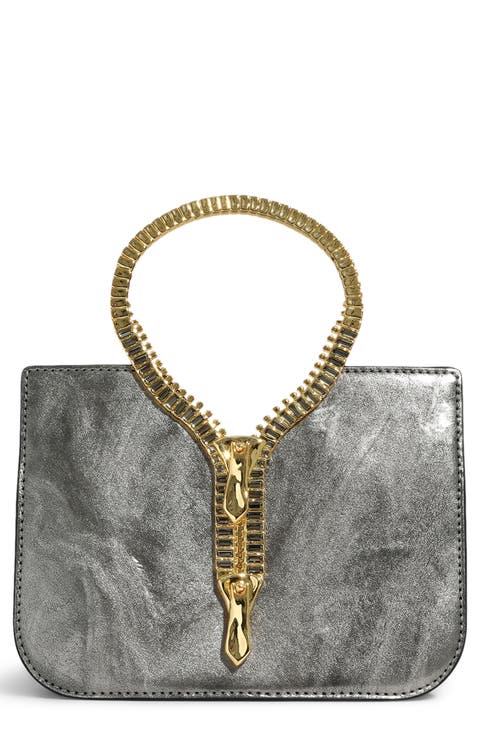 Zipper Leather Top Handle Clutch