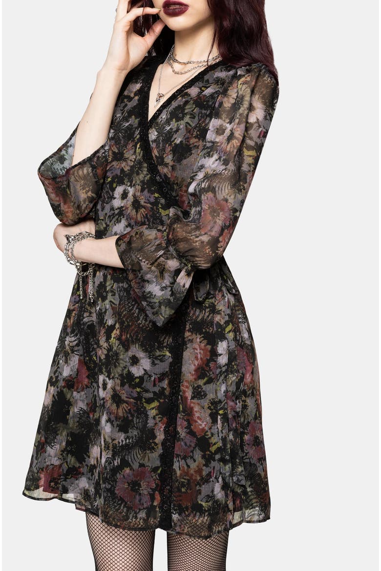 Mortua Grunge Floral Print Mini Dress, Main, color, Black