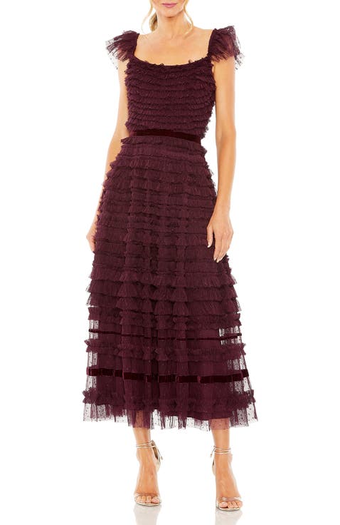 Women's Ruffle Cap Sleeve Embellished Tiered Midi Dress