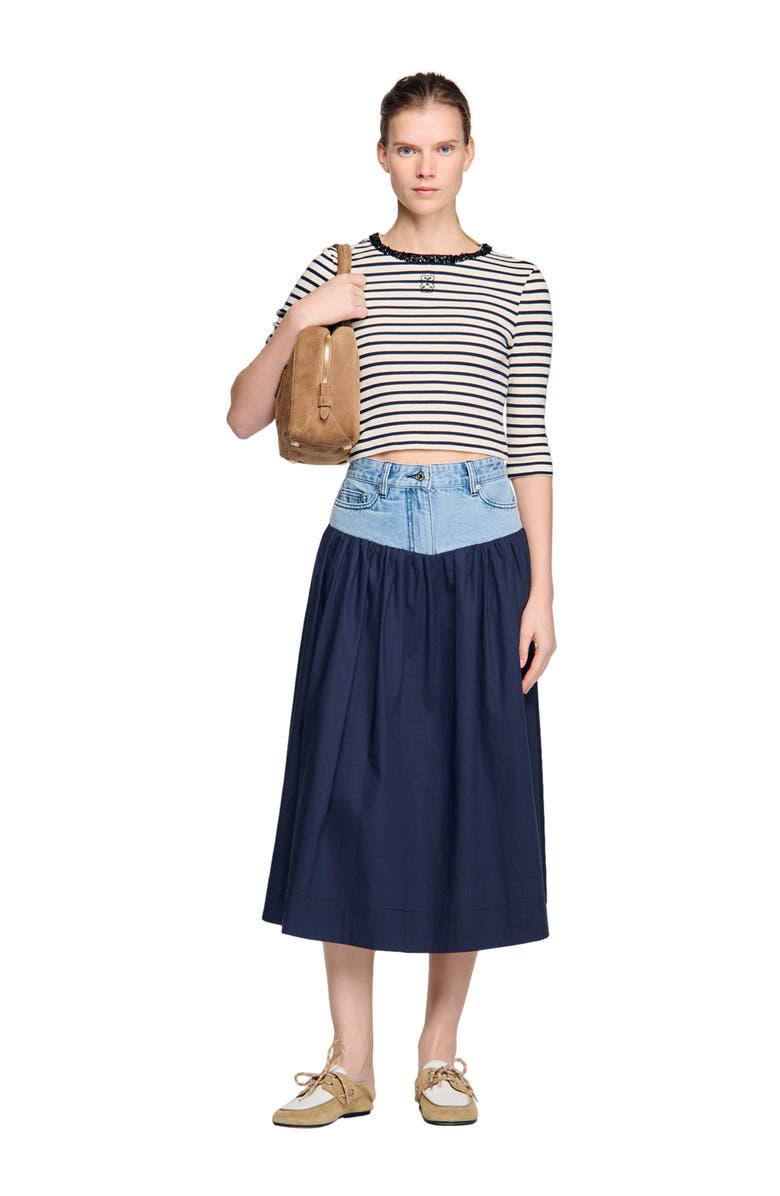 SANDRO Short striped tee with beaded collar, Alternate, color, Navy Blue