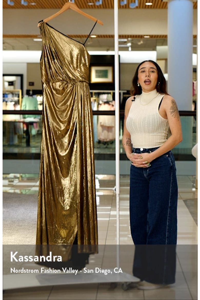 Women's One-Shoulder Metallic Draped Evening Gown video