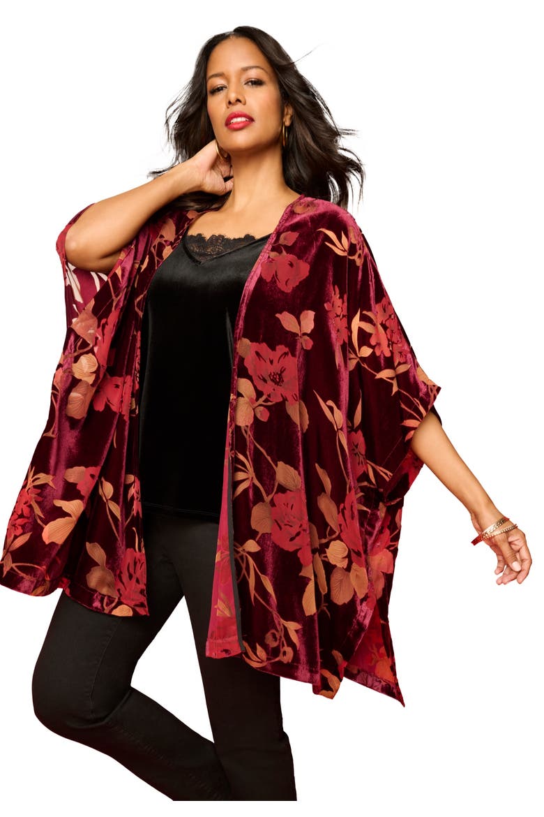 Plus Size Burnout Velvet Wrap, Main, color, BURGUNDY FLORAL