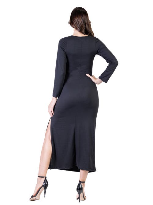 24seven Comfort Apparel Long Sleeve Side Slit Fitted Black Maxi Dress In Black