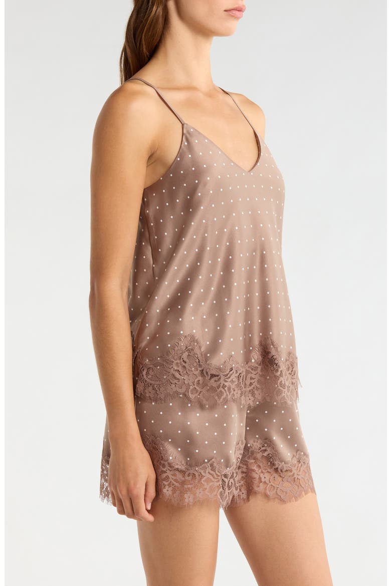 Lace Trim Satin Shortie Pajamas, Alternate, color, BROWN- IVORY PIN DOT