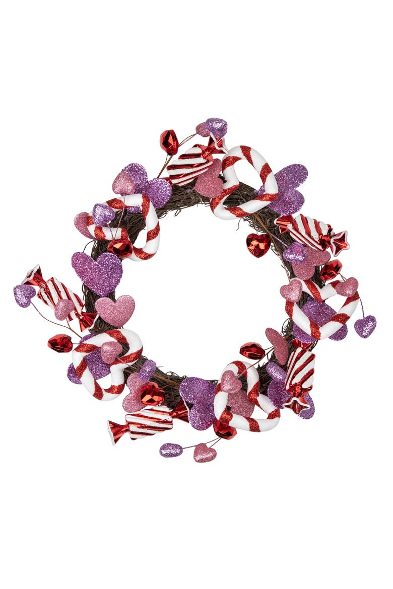Candies and Hearts Valentine's Day Small Artificial Wreath - 16" - Purple, Main, color, Pink