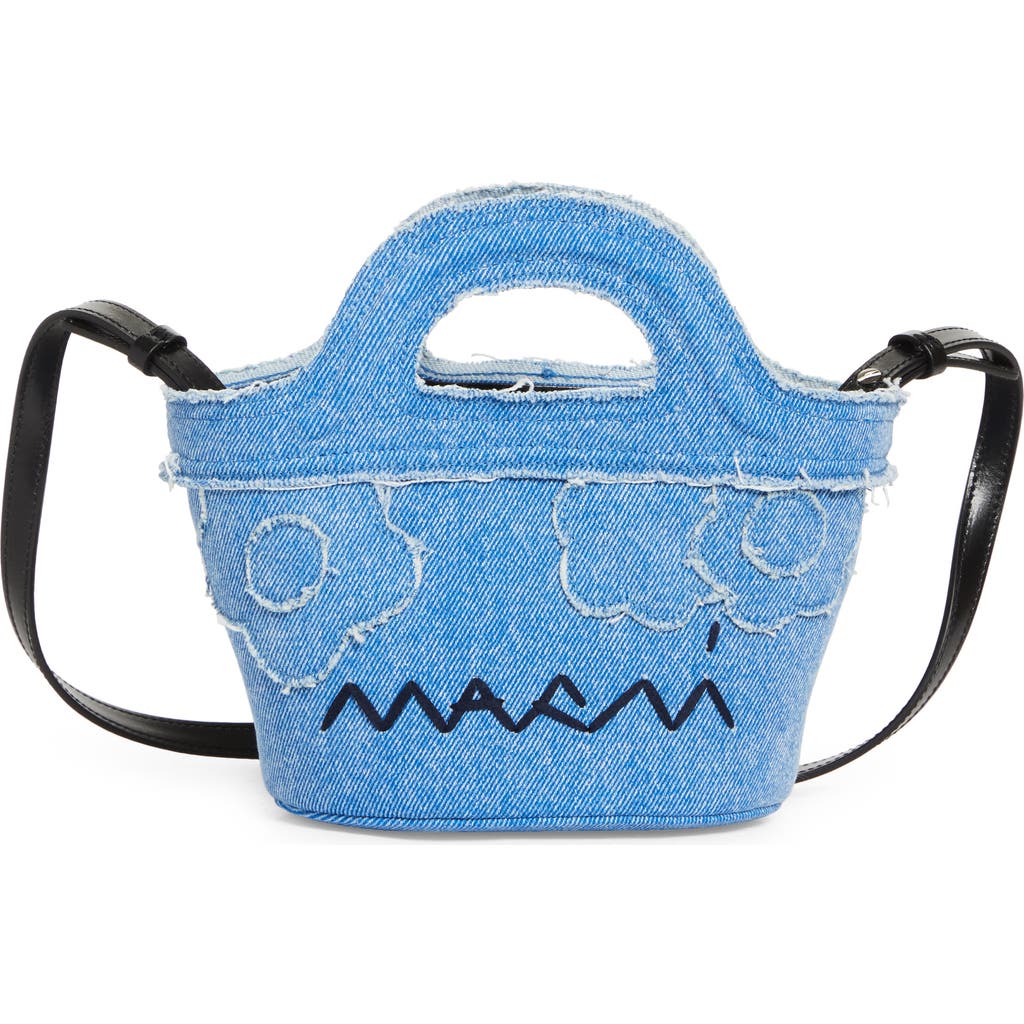 Marni Micro Tropicalia Logo Embroidered Denim Bucket Bag In Cobalt