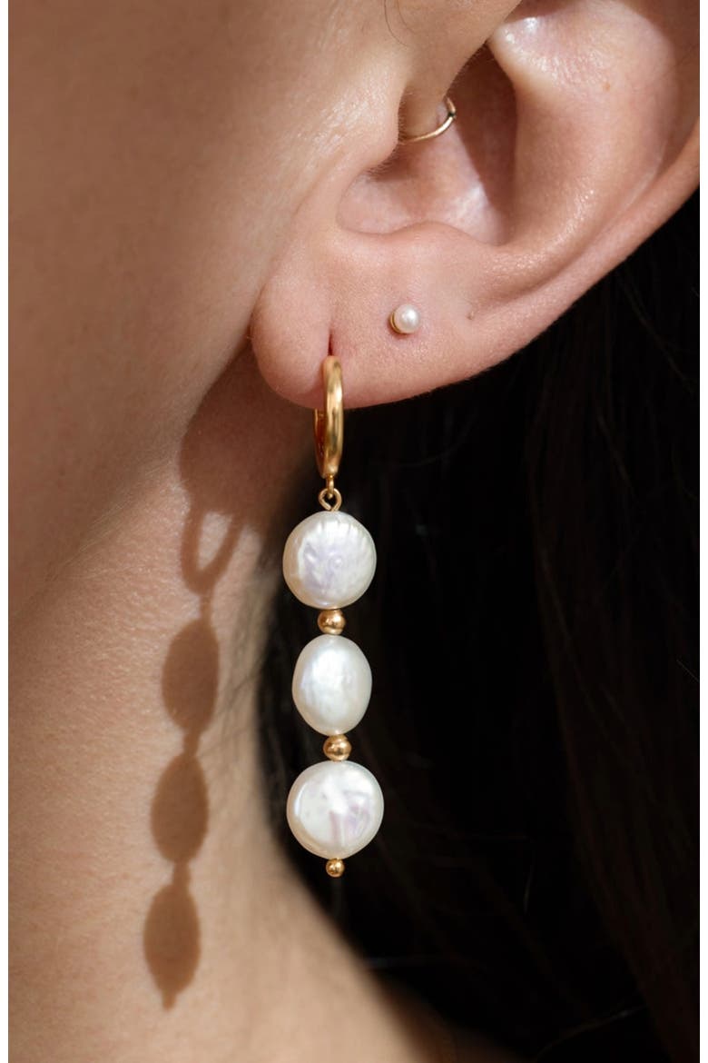 Laurel Pearl Drop Hoop Earrings, Alternate, color, Gold Plated