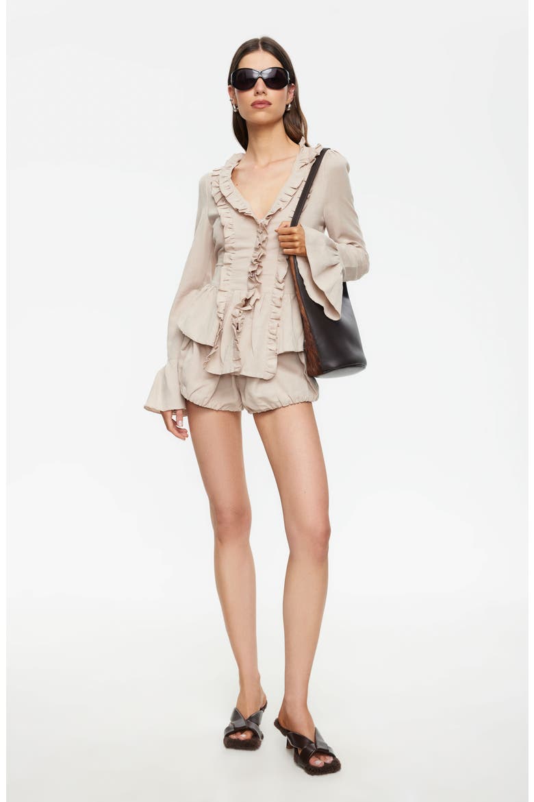 Odette Ruffle Bell Sleeve Tie Back Linen Blend Top, Alternate, color, BEIGE