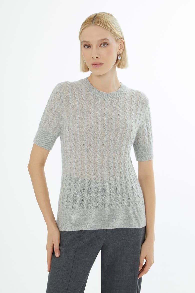 Crew Neck Short-Sleeve Wool Cashmere Sweater, Alternate, color, Grey