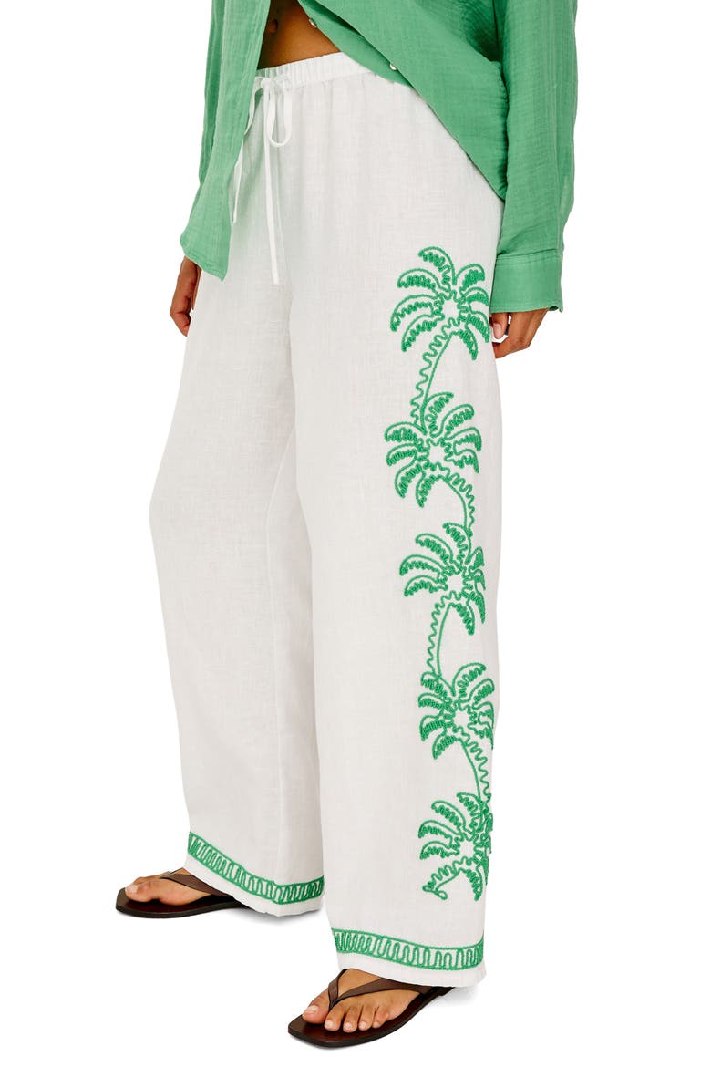 Emmie Embroidered Palm Detail Linen Pants, Alternate, color, EMERALD PALMS EMBROIDERY
