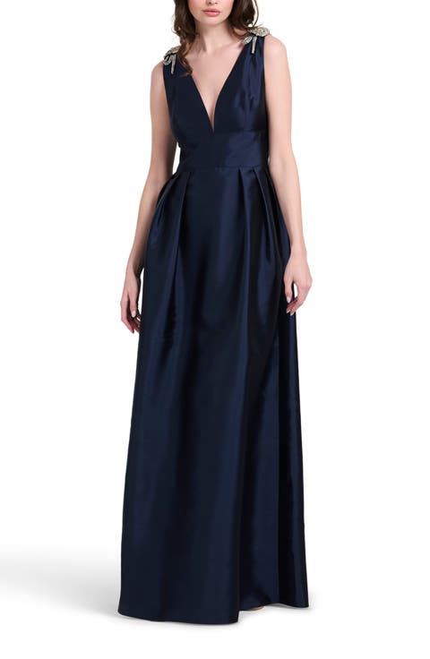 Crystal Bow Detail Plunge Neck Faille Gown