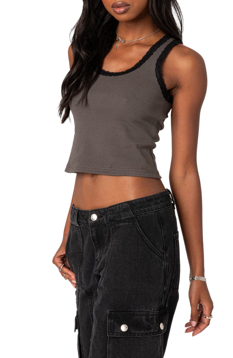 EDIKTED Alix Lace Rib Crop Tank, Alternate, color, Gray
