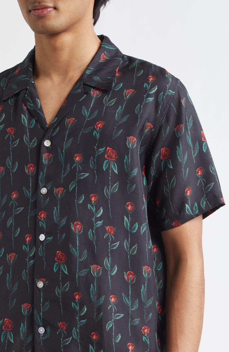 ENDLESS JOY Rose Print Silk Twill Button-Up Shirt, Alternate, color, Black/ Red