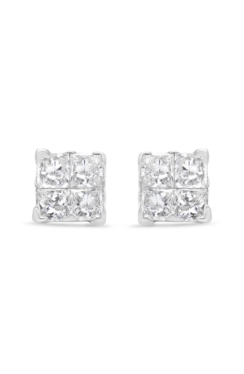 Haus of Brilliance Silver 5/8 Ct Princess Diamond Invisible Quad Composite Stud Earrings, Alternate, color, White