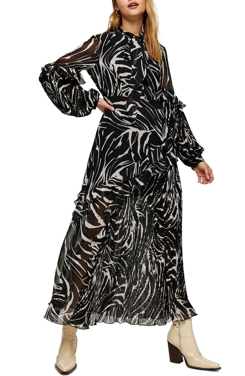 Topshop Zebra Print Ruffle & Pleat Long Sleeve Maxi Dress, Main, color,